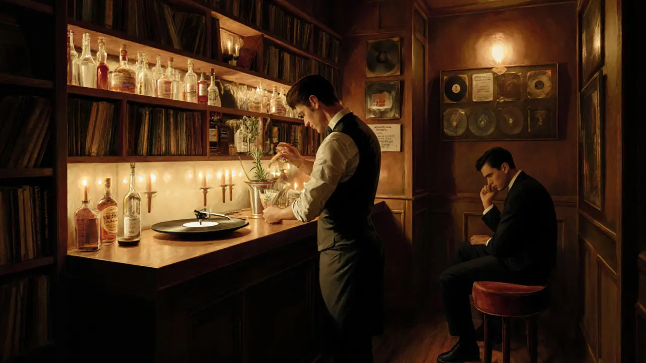 Secret speakeasy lounge with vinyl records, candlelight, and a bartender crafting craft cocktails.