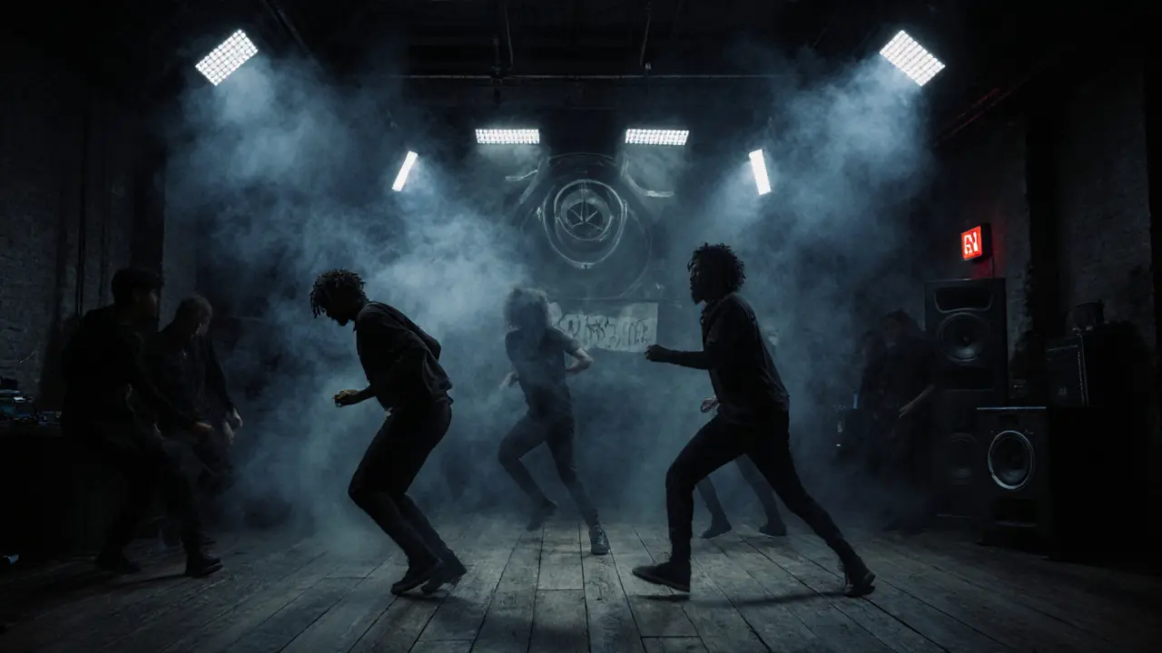 Silhouetted dancers moving in sync in a smoky underground techno club with visible bass vibrations.