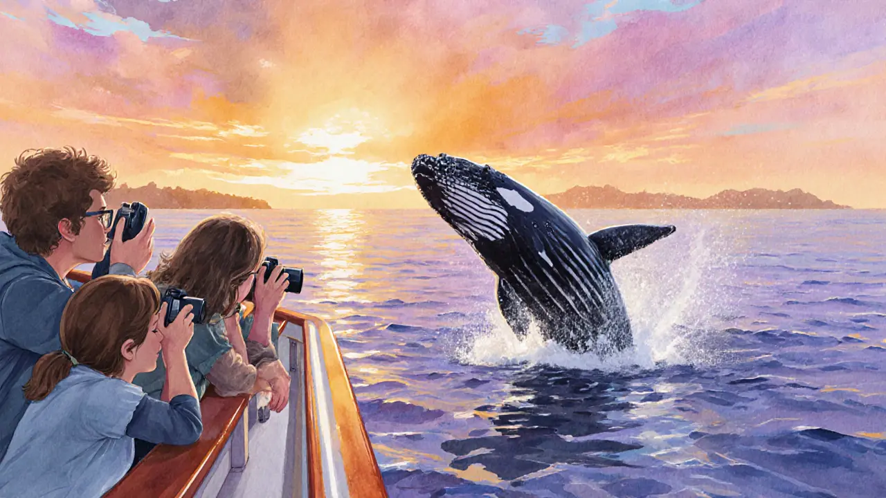 Small group watching humpback whales breach at sunset off Manly, serene ocean and sky.