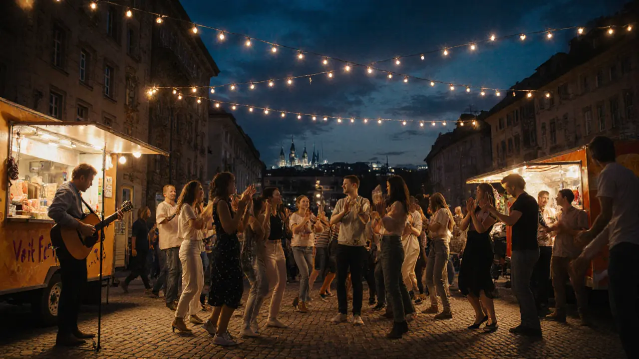 Spontaneous street dance circle under fairy lights at a Munich night market with food trucks in the background.