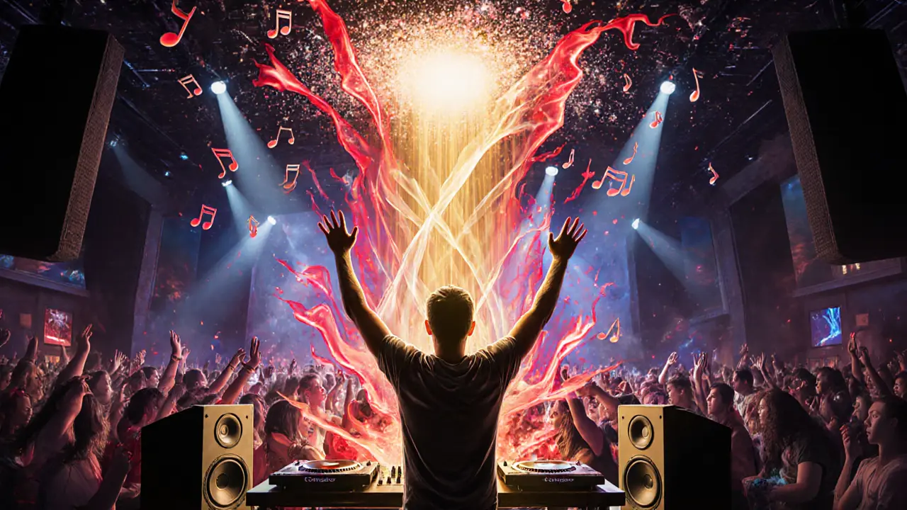 Surreal scene where bass vibrations manifest as glowing waves flowing into a person&#039;s chest.