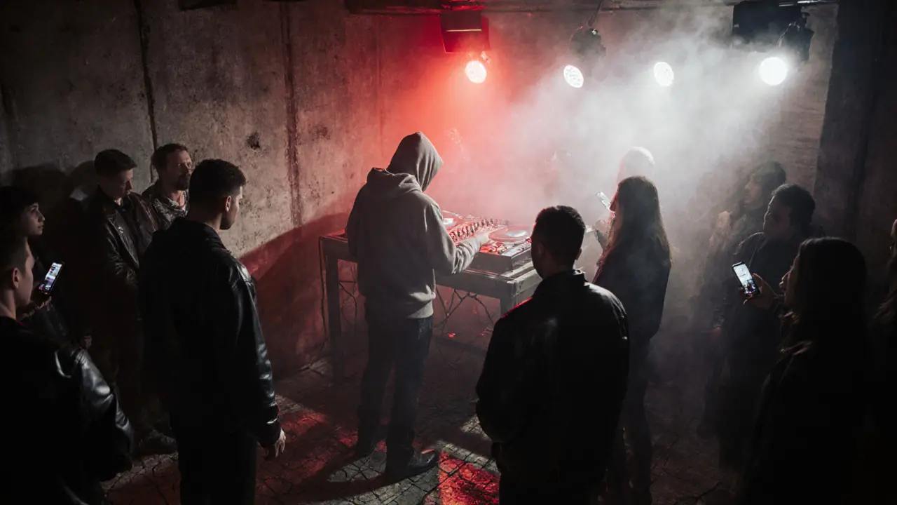 Underground club with industrial decor, DJ on stage, red lighting, and smoke-filled atmosphere.