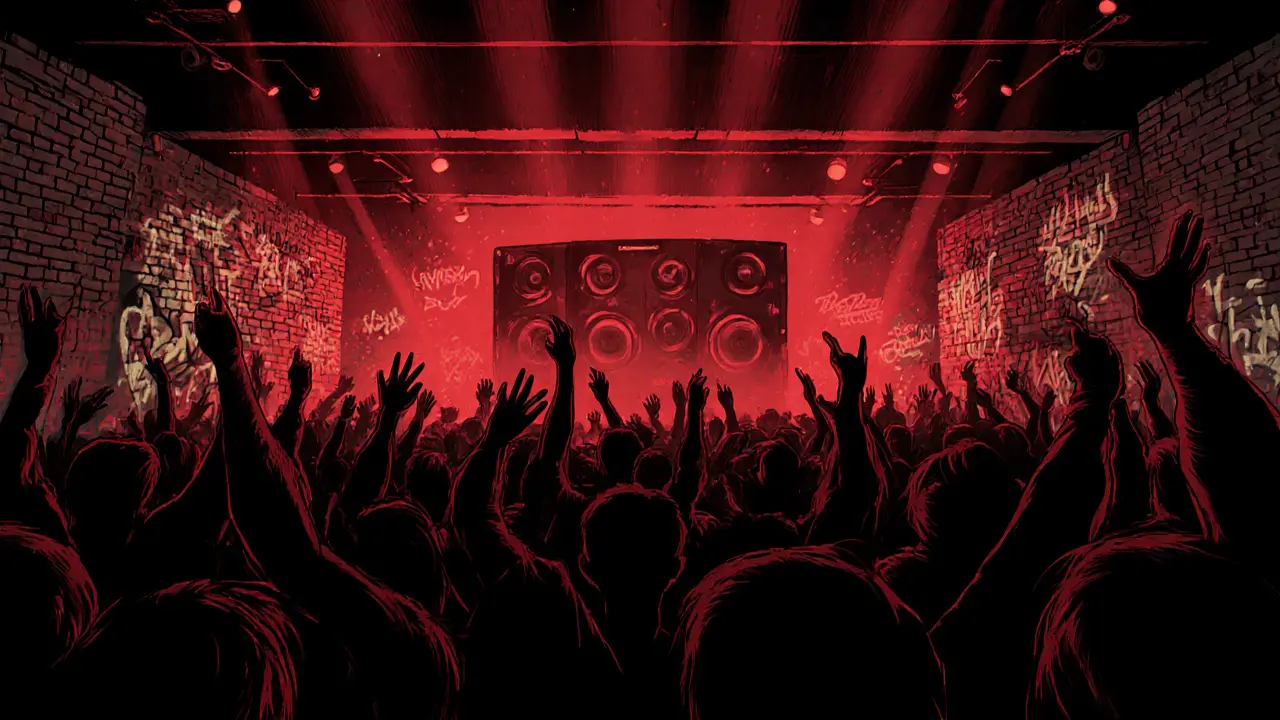 Underground techno club with pulsing crowd and brick walls under red strobe lights.