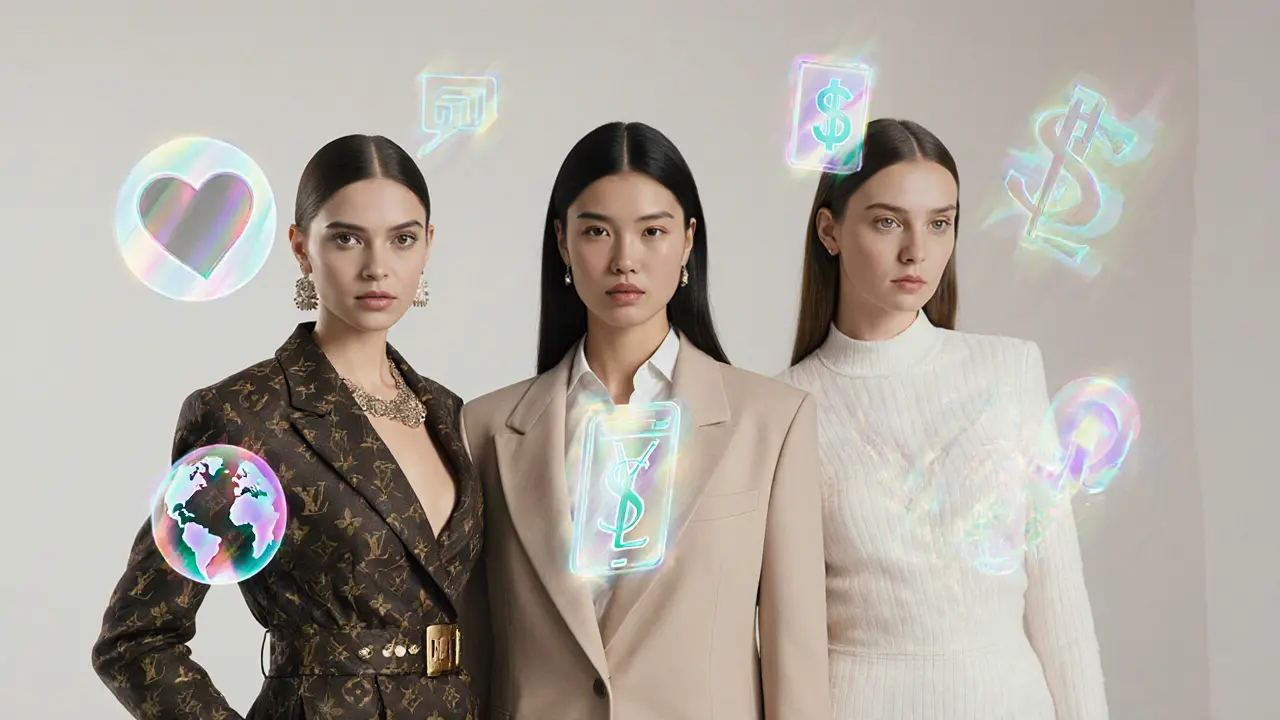 Valentina Sampaio, Yasmin Wijnaldum, and Emmeline Boudet standing together with symbolic icons of modern modeling.