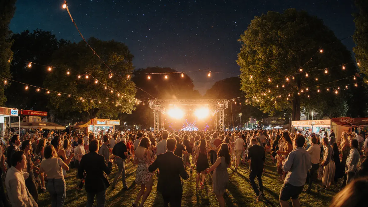 Vibrant open-air party at Prater Garten with people dancing under string lights among trees.