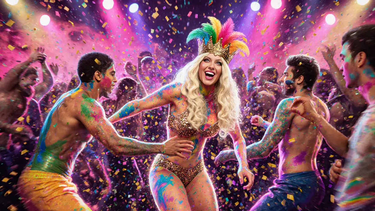 Vibrant queer rave with glitter, drag performers, and neon lights, people dancing joyfully under strobing colors.