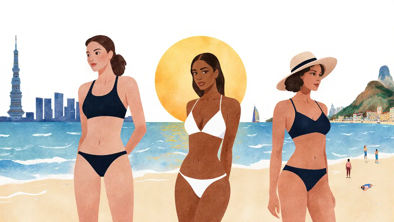 Watercolor silhouettes of three bikini model archetypes against sunrise over global beaches.