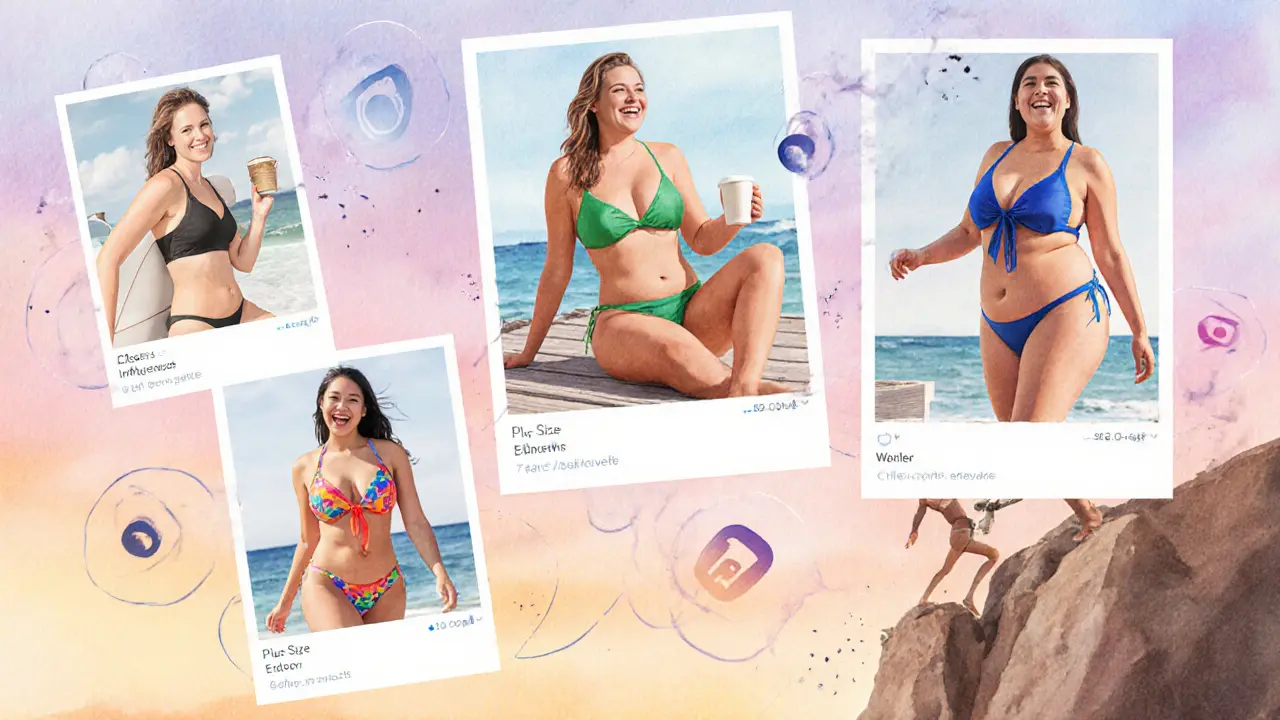 Watercolor-style collage of five bikini models in different settings, each wearing trending swimsuits, soft sunset tones.