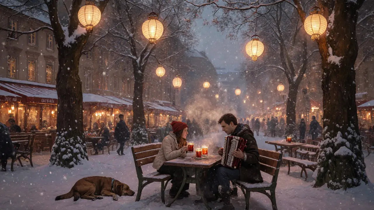 Winter evening at Prater Garten with lanterns, people drinking mulled wine, and an accordion player.