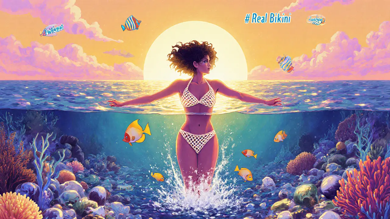 Woman in sustainable bikini floating above ocean filled with plastic, glowing with golden light as coral and fish rise around her, symbolizing renewal.