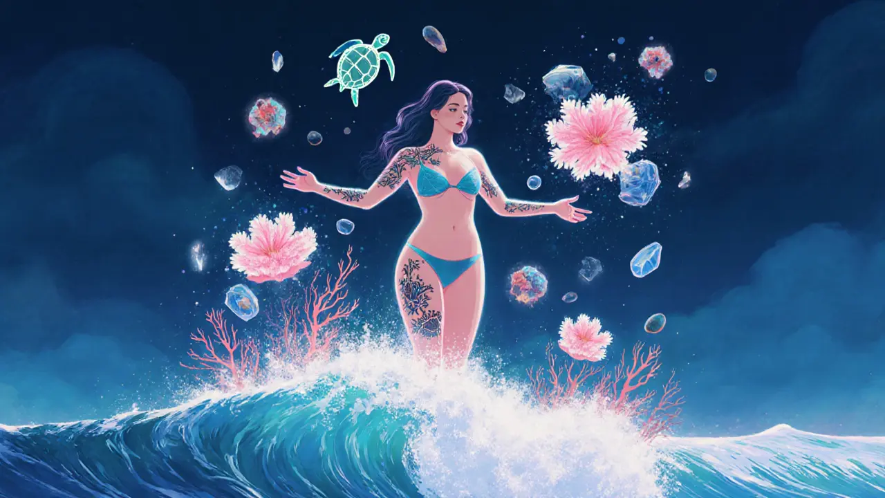 Woman standing on a wave wearing minimalist bikini, coral tattoos glowing, plastic debris turning into flowers.