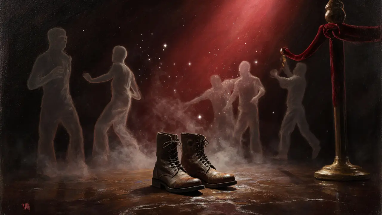 Worn leather boots on a sticky floor, ghostly dancers fading into darkness, a single crimson light above.