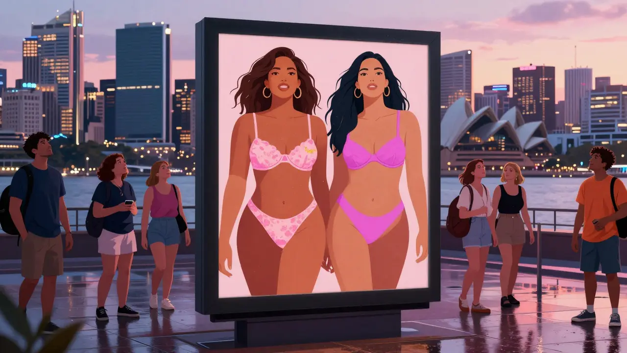 A billboard in Sydney showing curvy models with people below smiling at it.