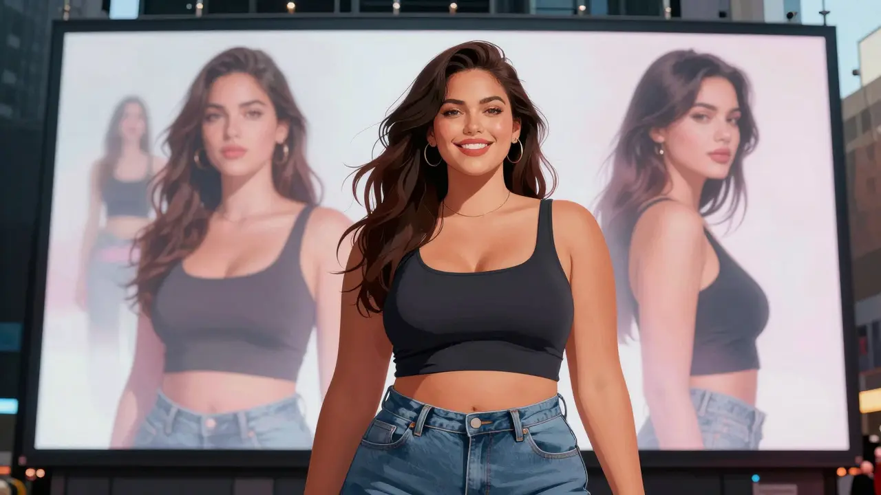 A curvy model's face reflected on a Times Square billboard, with fading images of outdated beauty standards behind her.