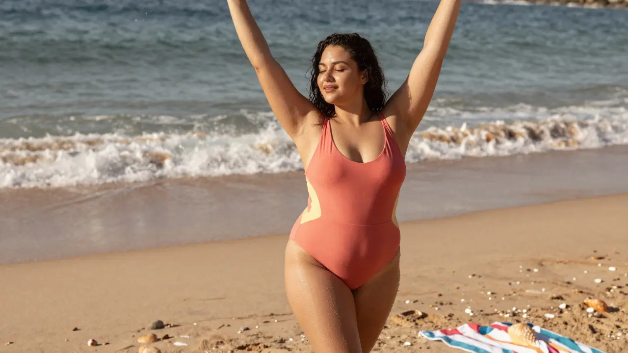 A curvy woman in a swimsuit standing joyfully on a sunlit beach with ocean waves behind her.