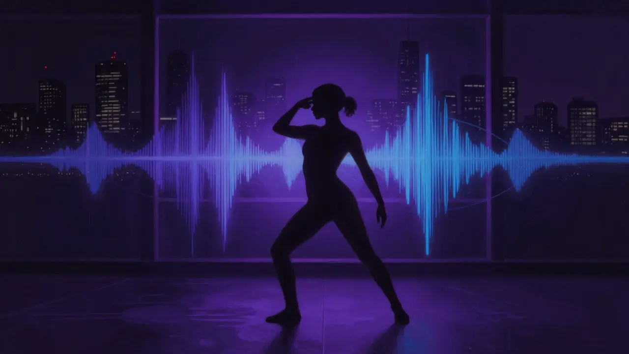 A dancer moving confidently on a club floor, surrounded by abstract sound waves and a faint city skyline.