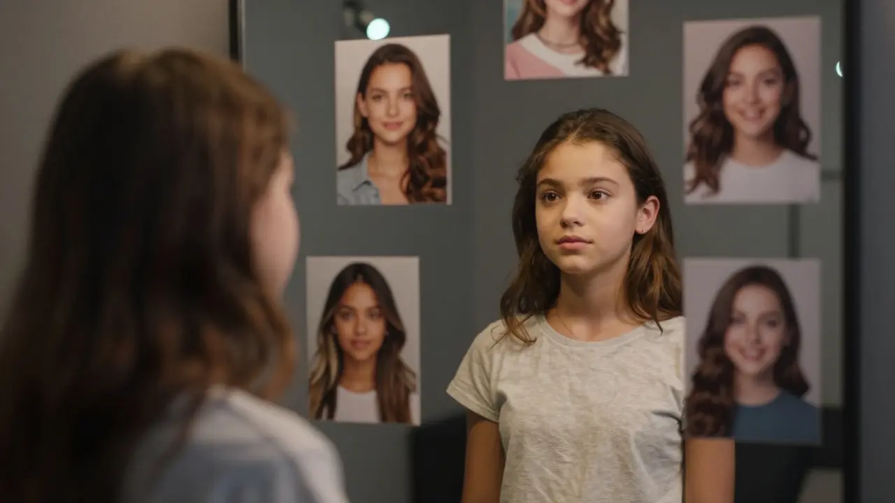 A girl looking in a mirror, her reflection shows her as a confident version surrounded by inspiring models.