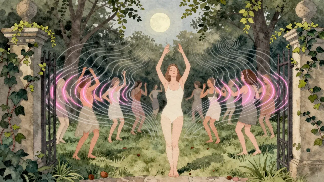 A hidden garden club at night with a DJ playing minimal techno, dancers barefoot on grass under moonlight.