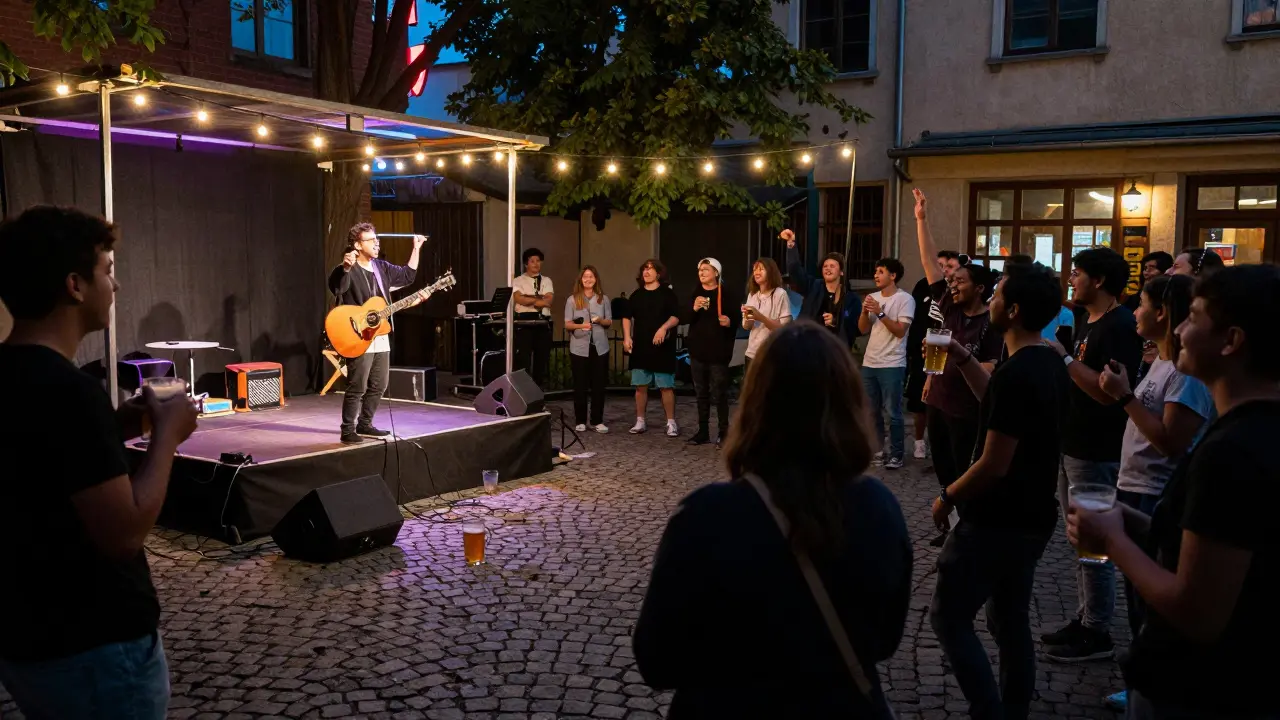 A late-night outdoor comedy show in a Munich courtyard with string lights and a mixed crowd cheering.