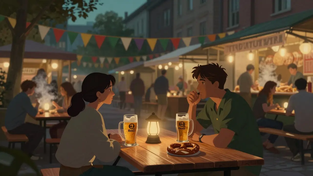 A lone person enjoys a beer at Chinesischer Turm beer garden, surrounded by soft evening light and blurred crowds.