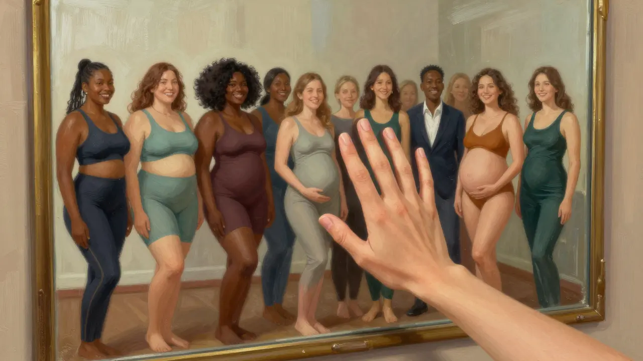 A mirror reflecting diverse body types all radiating self-love, symbolizing inclusive beauty.