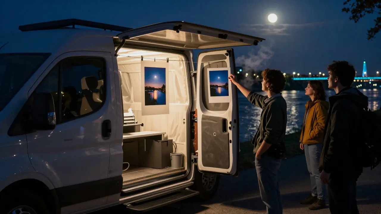 A mobile darkroom van by the Isar River at midnight, a photographer holds up a printed night photo.
