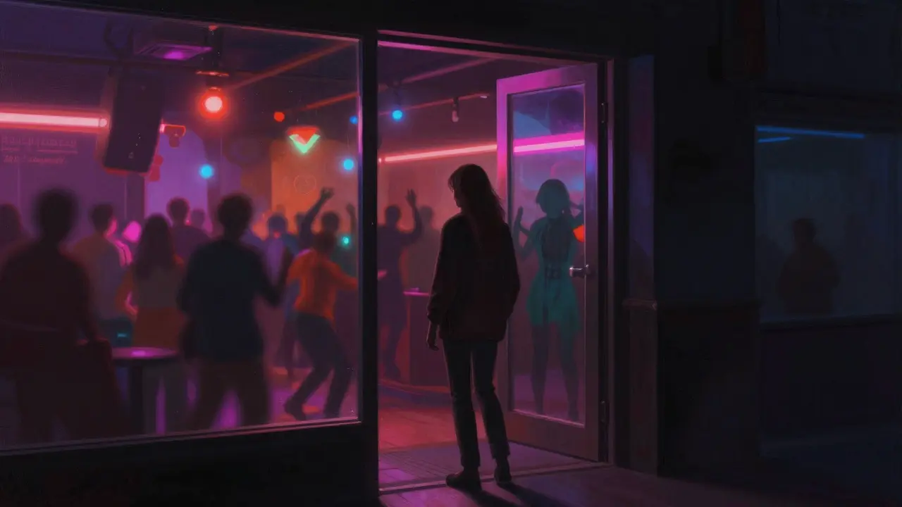 A person at a nightclub entrance, their reflection showing them dancing inside.