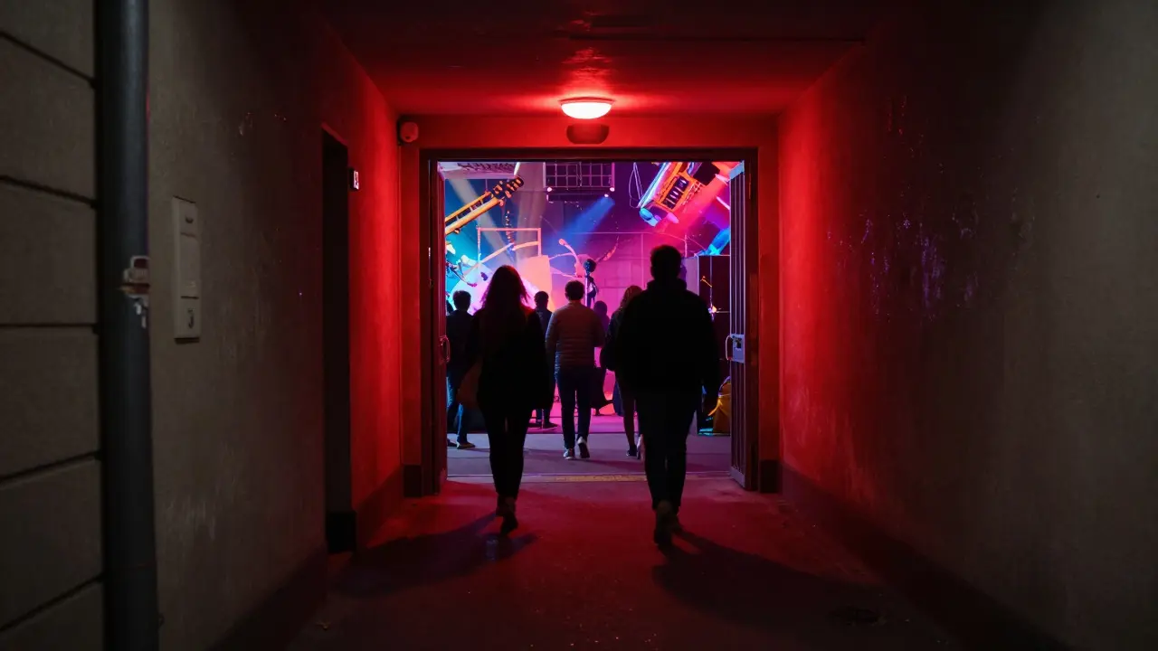 A red-lit corridor leading into Pacha Munich, shadows of guests moving toward the glowing entrance.