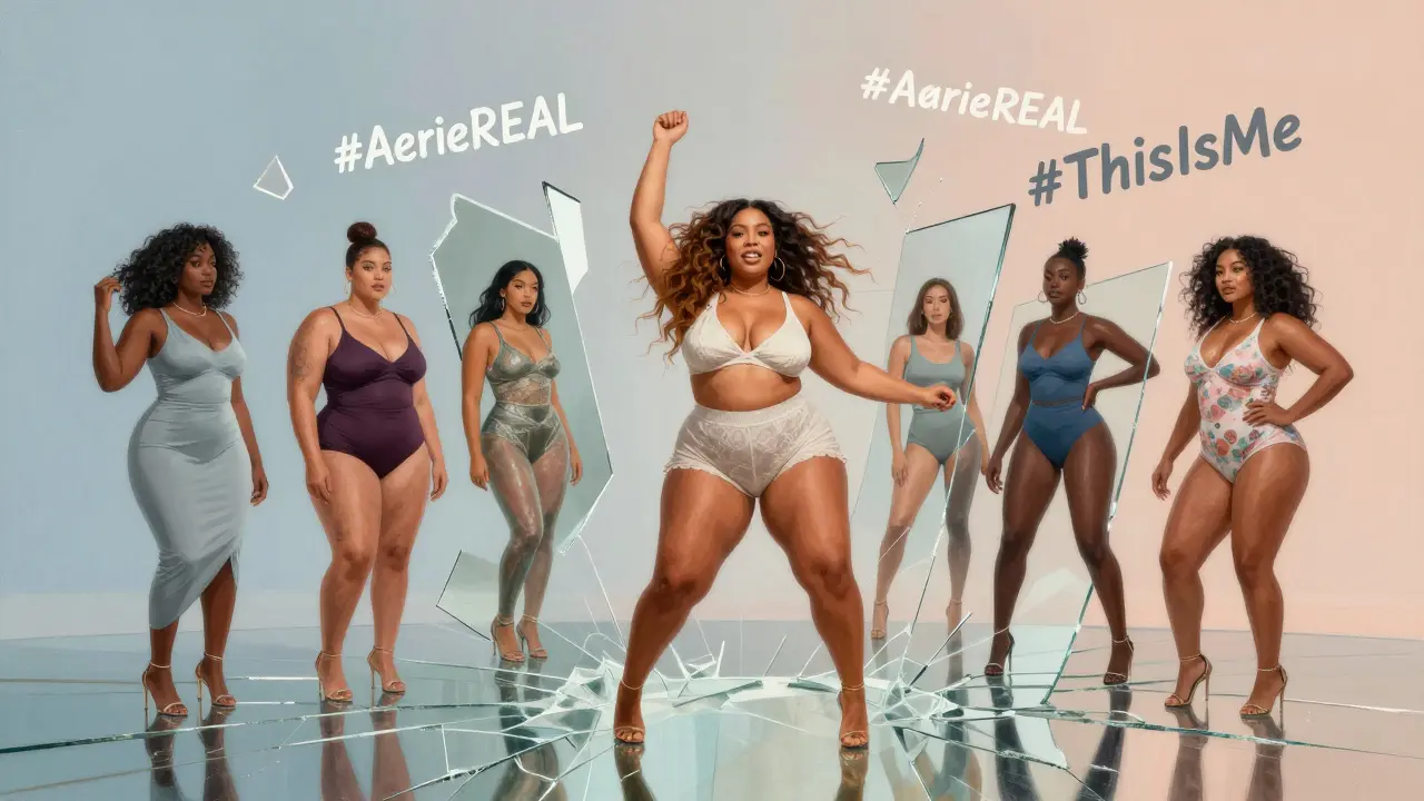 A shattered mirror reflecting diverse body types with one model dancing in the center.