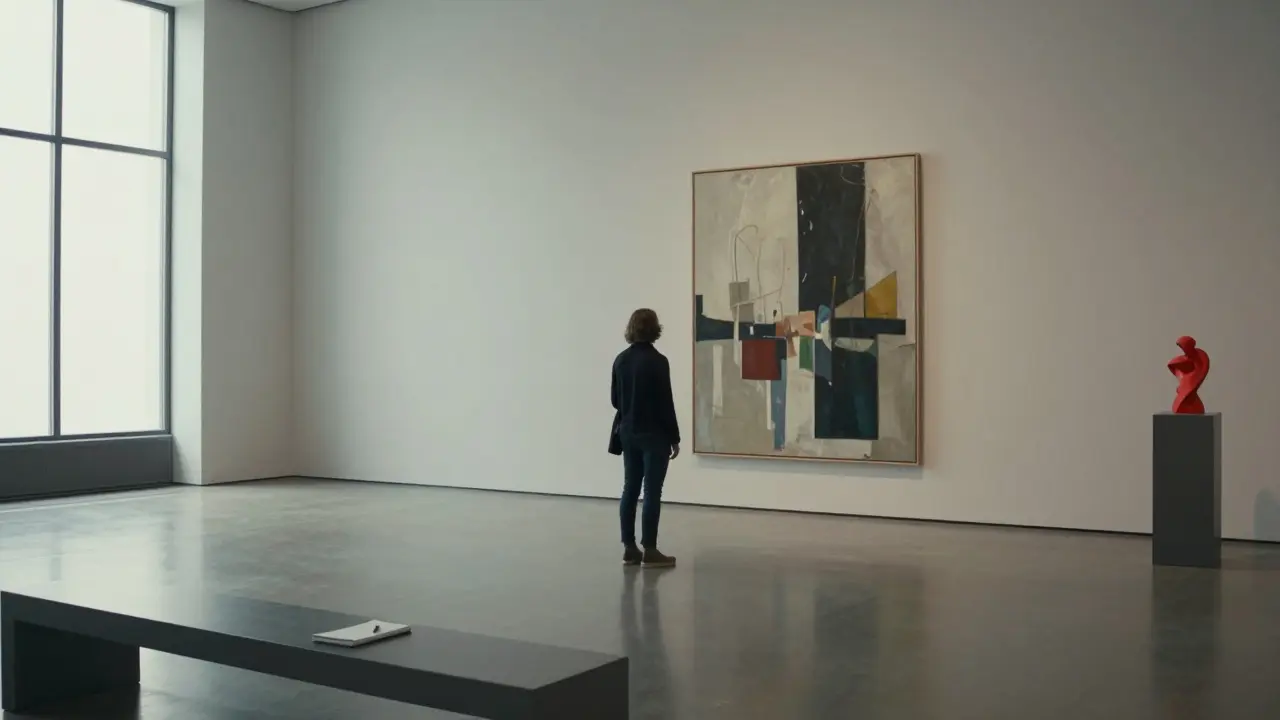 A solitary visitor stands before an abstract painting in a quiet Munich museum, bathed in natural daylight.
