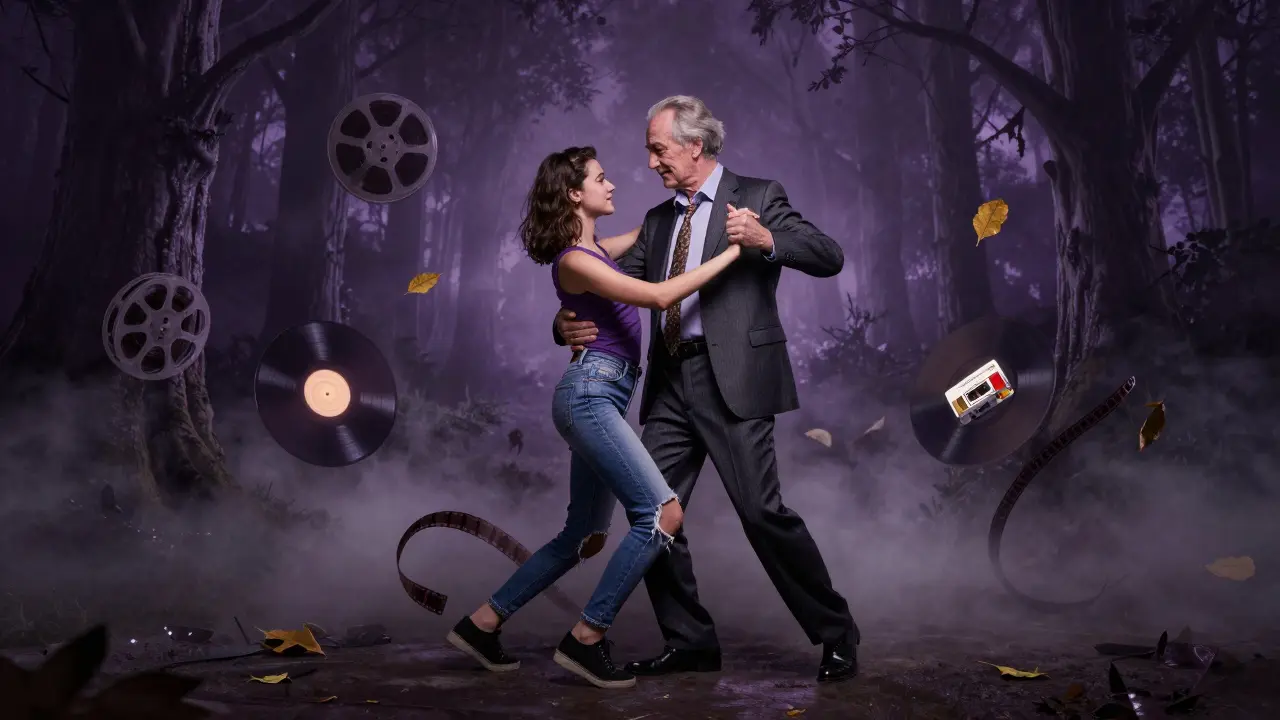 A surreal fusion of an elderly man and teenager dancing as one, surrounded by floating film reels and vinyl records.