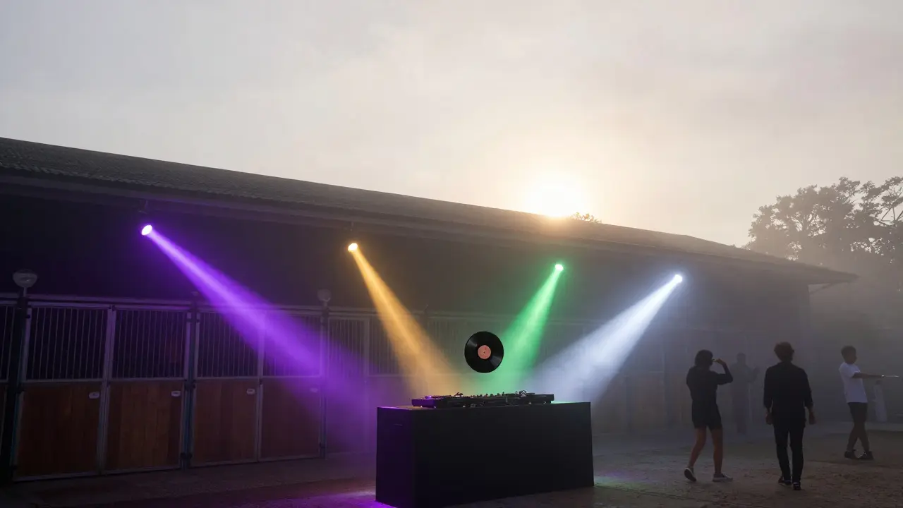 A vast former stable club at dawn with colored light beams cutting through fog.