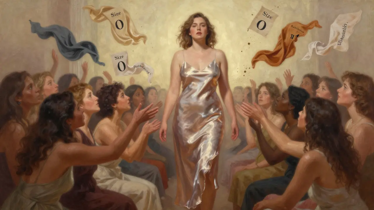 A woman in a silk dress stands tall as outdated fashion labels dissolve around her, while others reach out in solidarity.