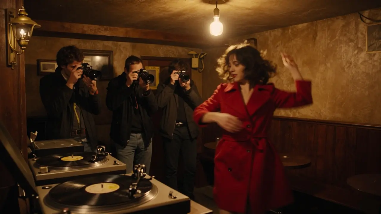 A woman in red dances alone under a single bulb in a dim jazz bar, photographers capture the moment in shadow.