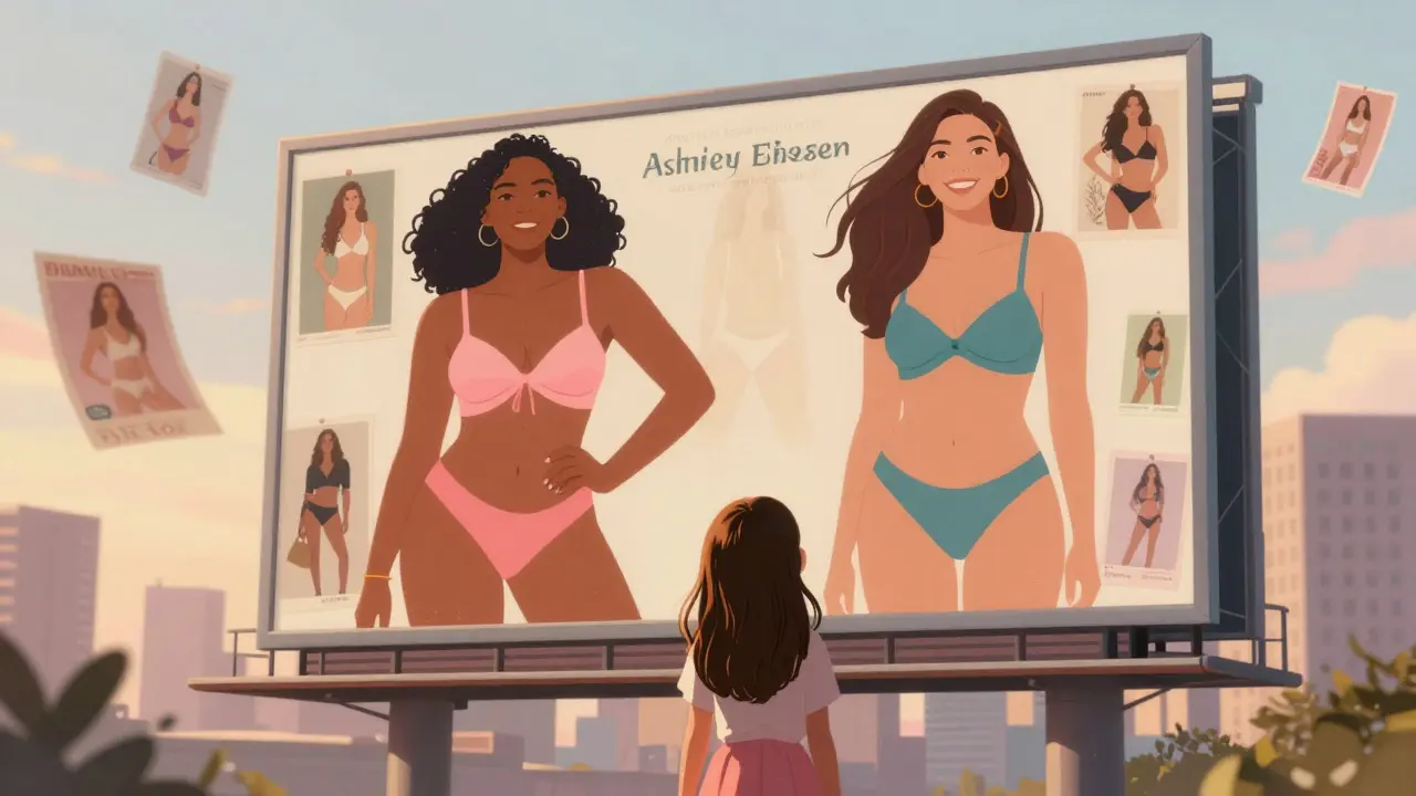 A young girl looking up at a billboard of curvy models, with fading thin model ads around her, golden light shining.