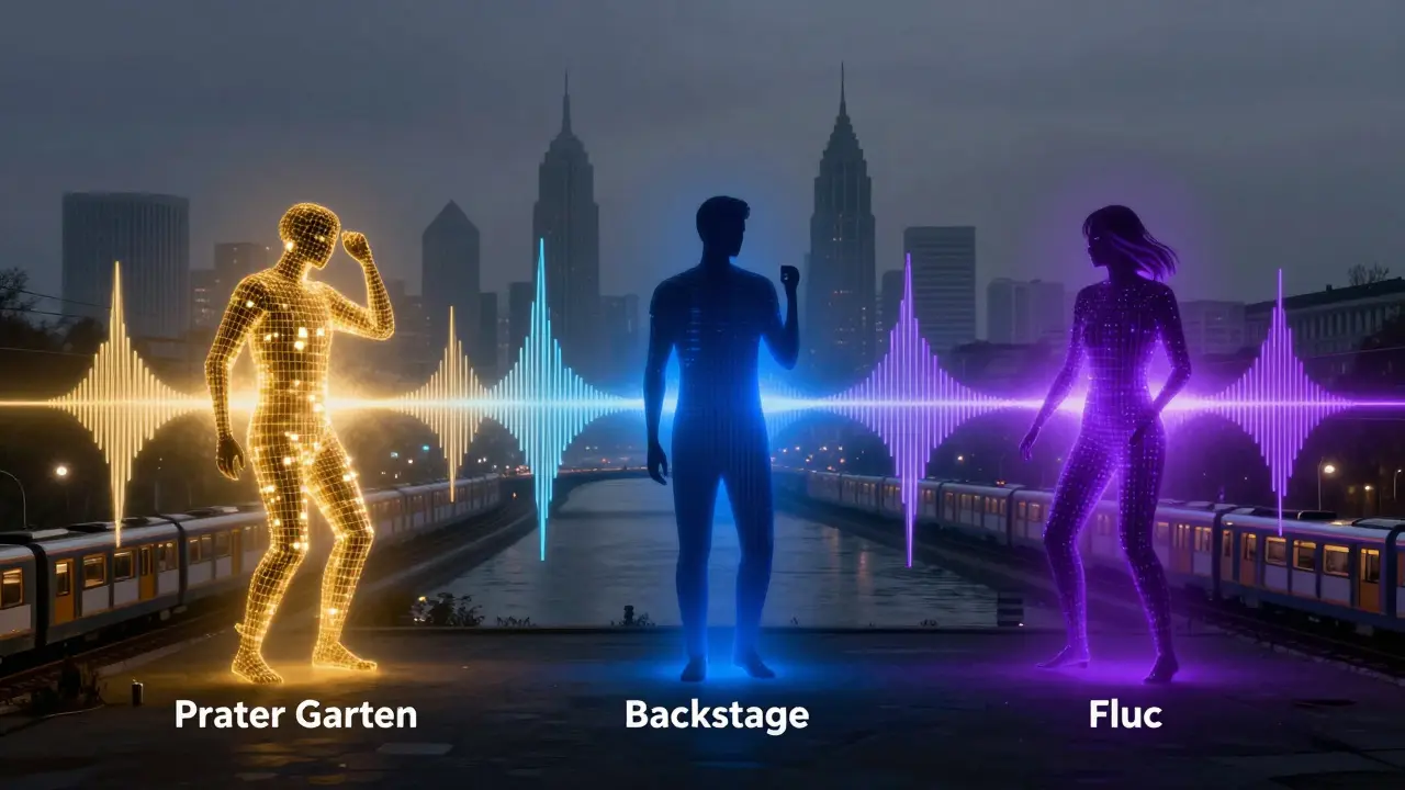 Abstract figures connected by soundwaves forming a dance floor across Munich's nightlife scenes.