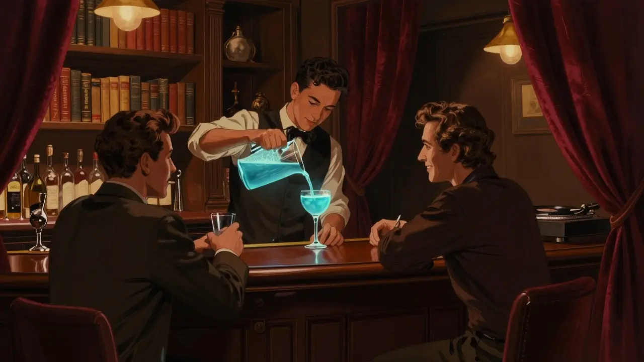 Couples conversing at a cozy cocktail bar with vintage books and soft lighting.