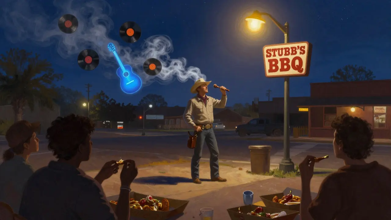 Cowboy standing under streetlamp in Austin at night, floating music elements above, friends eating BBQ in foreground.