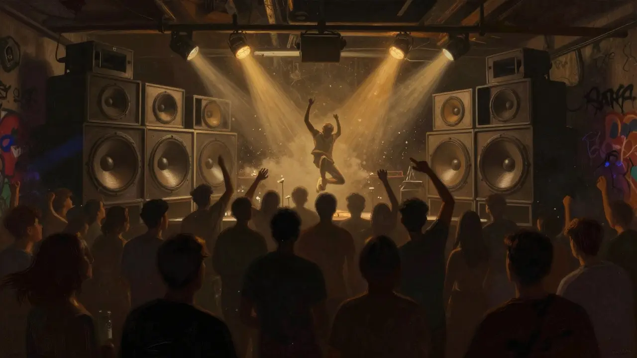 Crowd dancing in a basement club under pulsing lights, sound system visible, abstract motion and shadow.