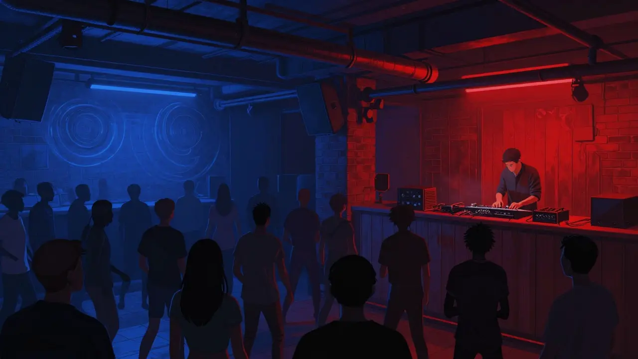 Crowd moving to electronic music in an industrial club with vibrant lighting.