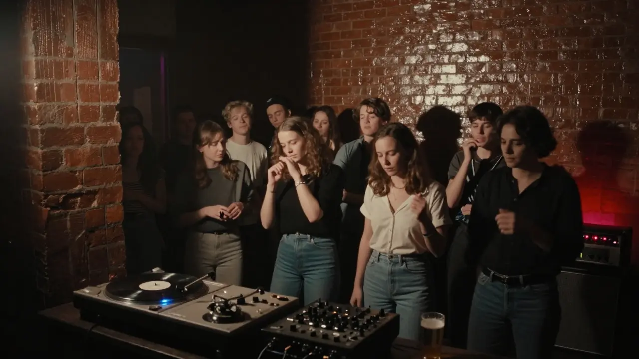 Dim club interior with sweaty crowd lost in techno music under a single spotlight.