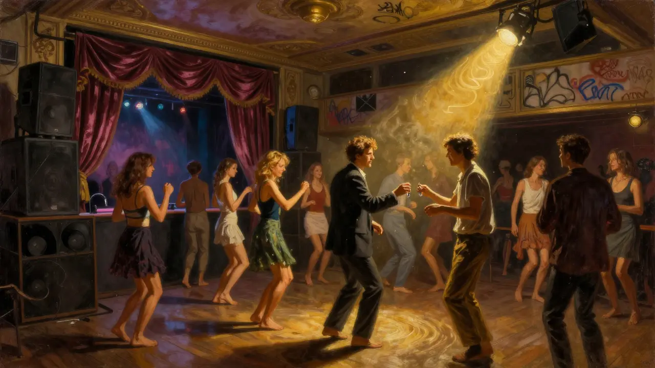 Diverse group dancing in a converted theater with velvet curtains, golden light casting long shadows.