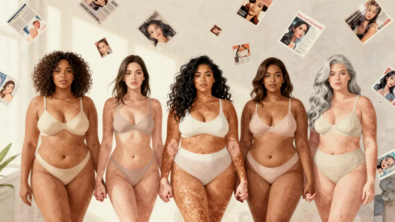 Five diverse models standing together, unretouched skin, natural features, shattered beauty magazine pages floating around them.