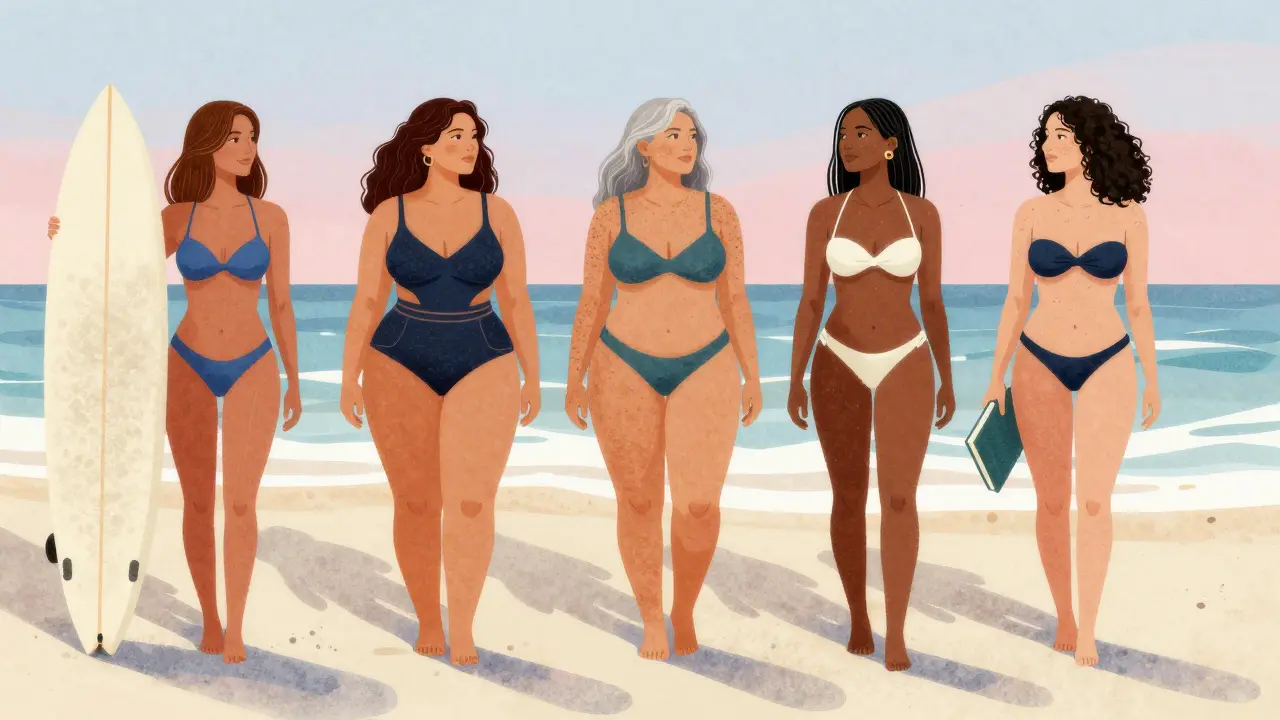 Five diverse women in different bikini styles on shore, varied body types, soft watercolor style.
