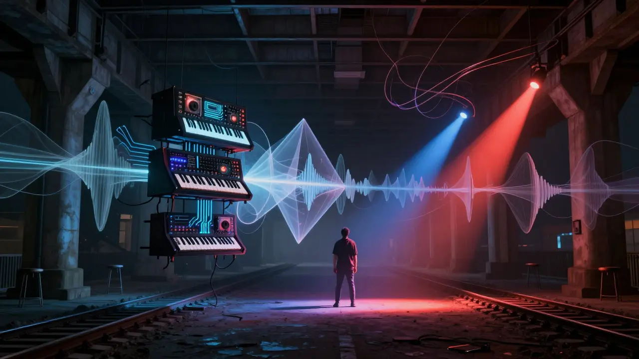 Floating synthesizers and sound waves in a dim underground space with a single spotlight on a DJ.