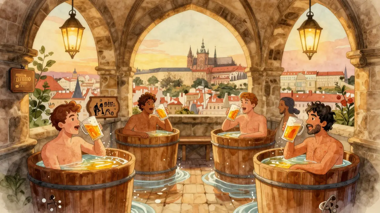 Friends enjoying a beer spa in Prague’s historic district with medieval architecture and lanterns.