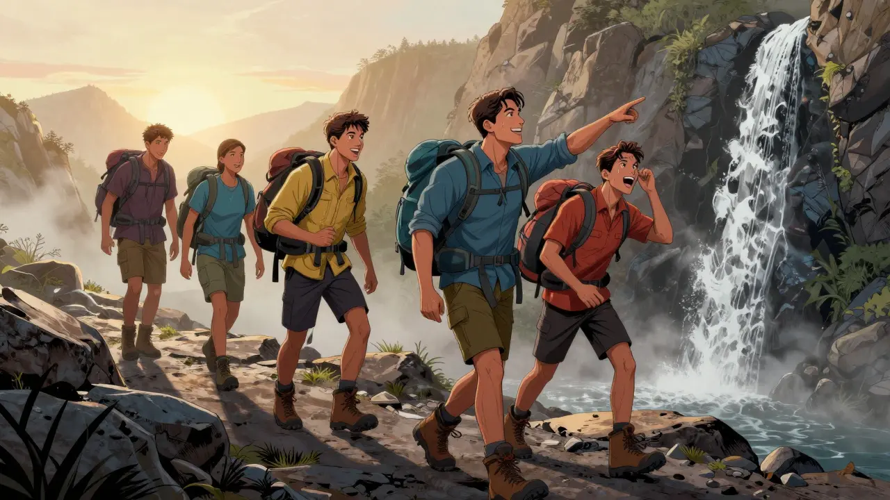 Friends hiking at sunrise in the Blue Mountains, pointing toward a waterfall with smiles and backpacks.