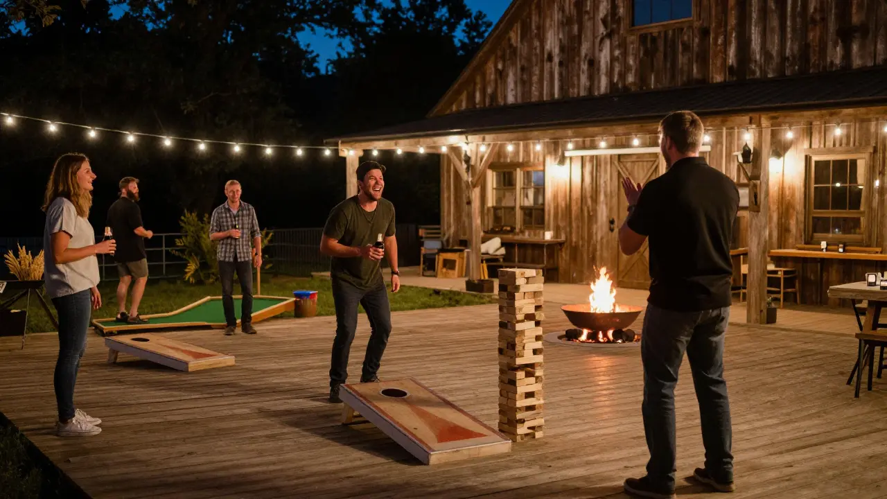 Friends laugh around a backyard BBQ barn with fire pits and string lights at night.