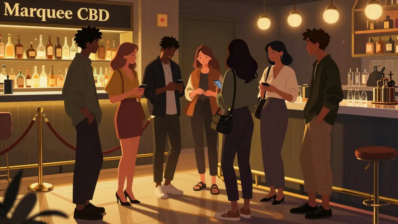 Friends meeting inside Marquee CBD nightclub, glowing bottles and soft lights in the background, dressed for the vibe.