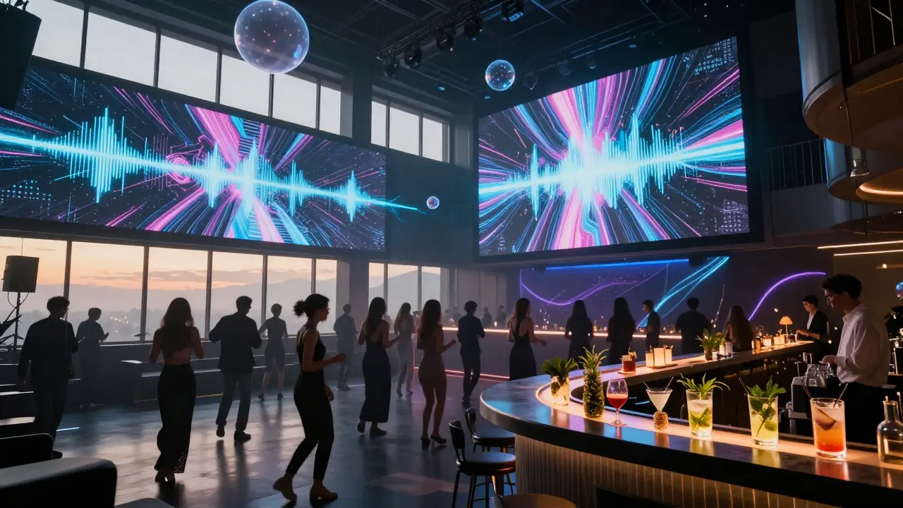 Futuristic dance floor with immersive LED visuals and glowing cocktails, patrons dancing as dawn light enters the space.